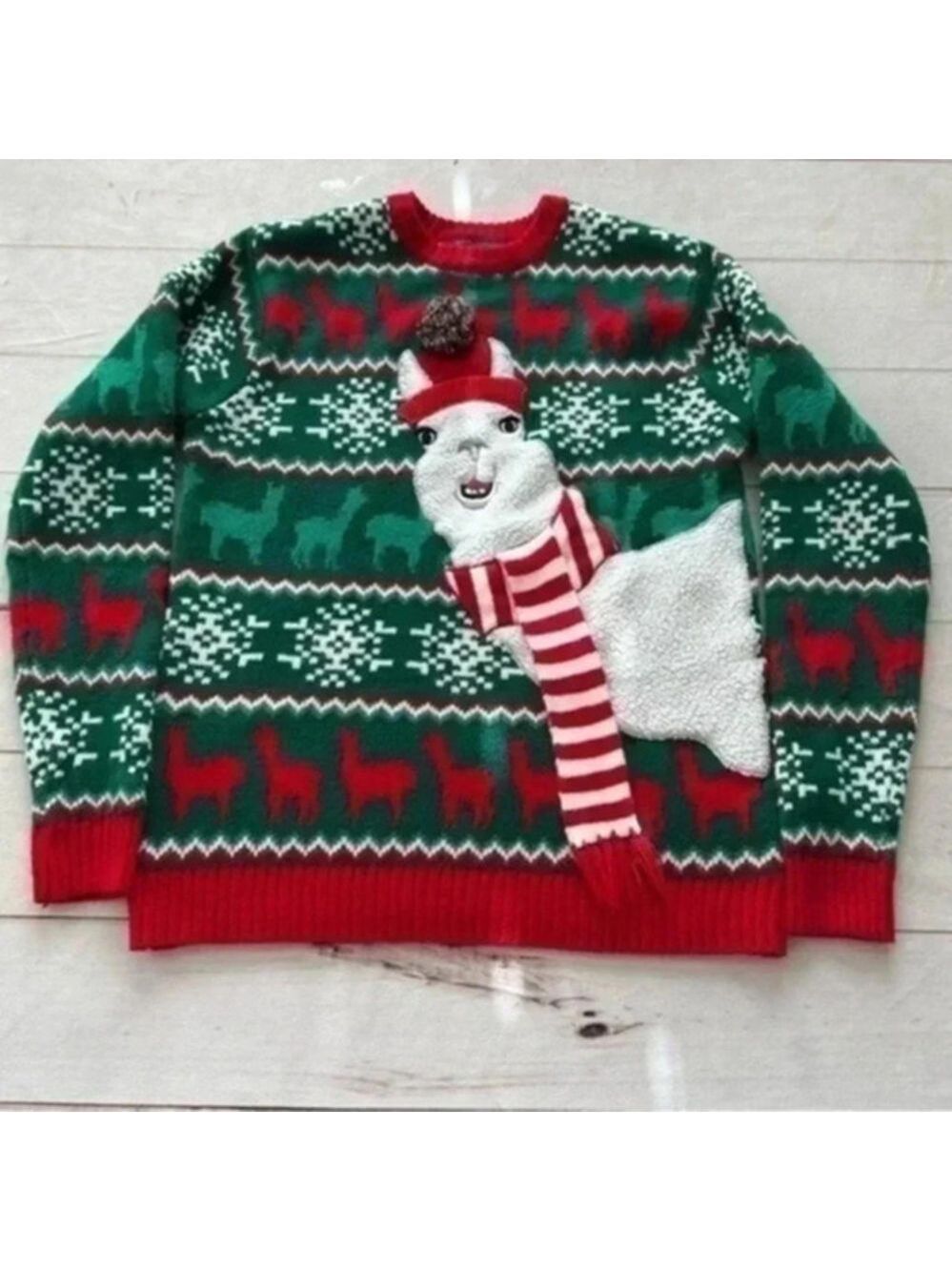 Christmas Sweater Size S Fair Isle Llama with PomPom Scarf Long Sleeve U…
